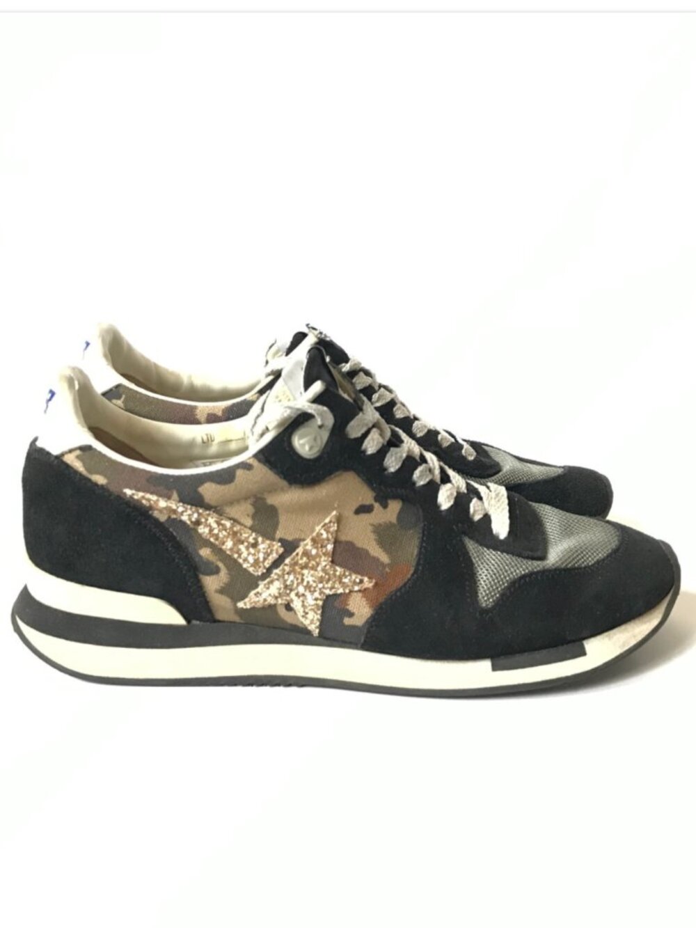 Golden Goose GGDB Running Sneakers Trainers Womens 38 8 Black Camo Glitter Star